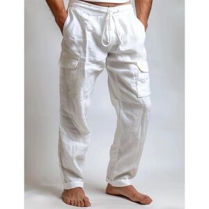 OUKU Men's NWT White Cotton Cargo Drawstring Summer Beach Resortwear Pants LRG